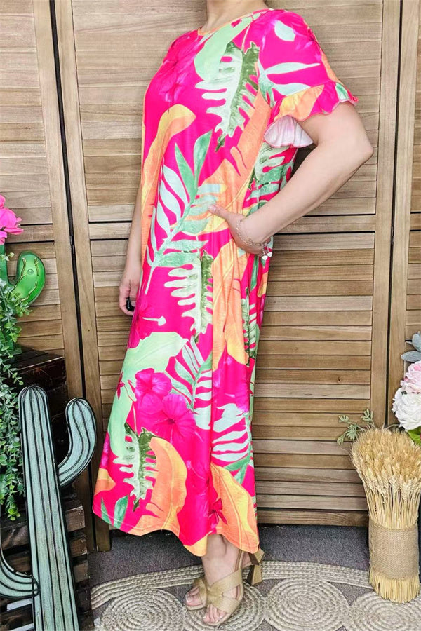 Floral printed long style ruffle short sleeve women dress w/side pockets GJQ15881 (BS6)