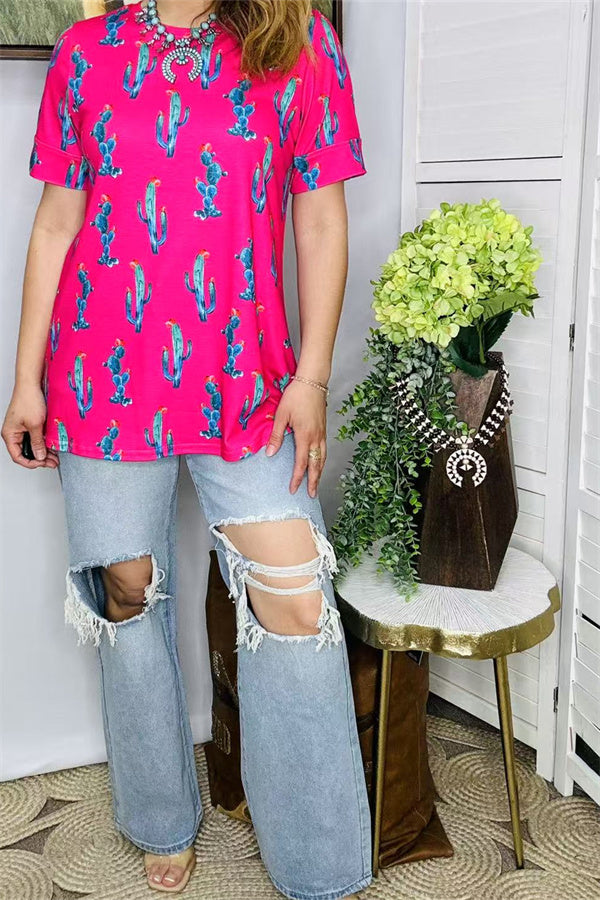 Shop Fuchsia cactus printed short sleeve women tops BQ13162