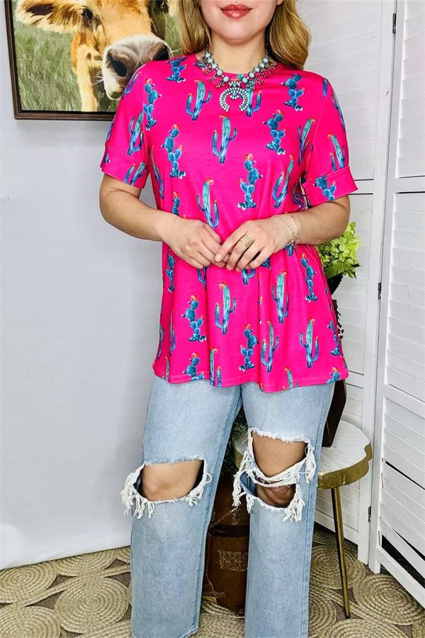 Shop Fuchsia cactus printed short sleeve women tops BQ13162