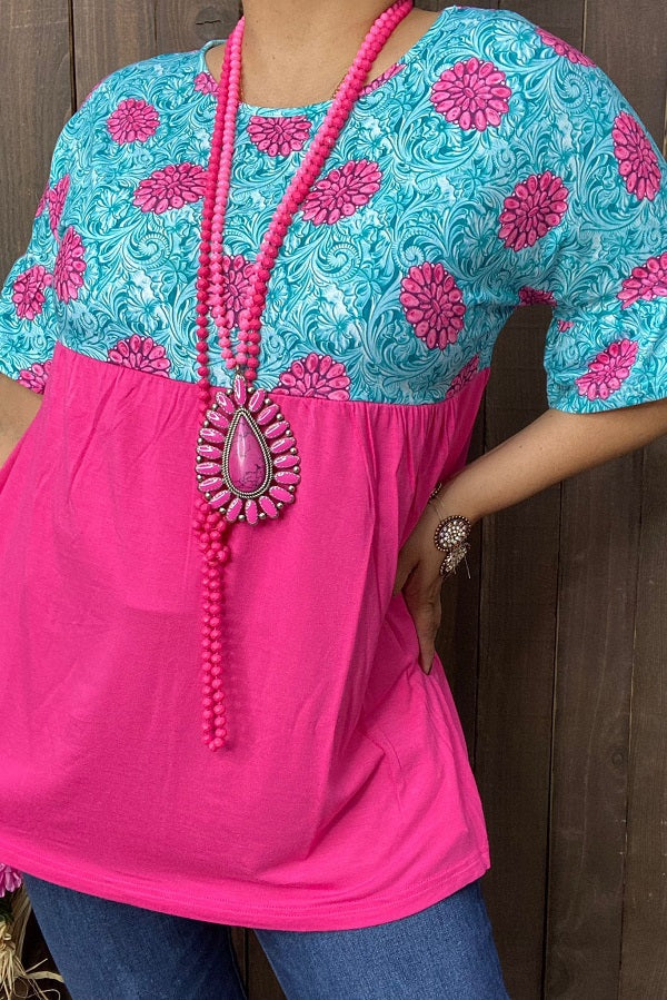 Turquoise& Fuchsia floral multi colors printed baby doll short top XCH14853.(DS8)