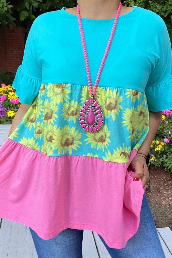Women top suppliers Turquoise & floral & pink color block with short sleeves XCH14854 (DS6)