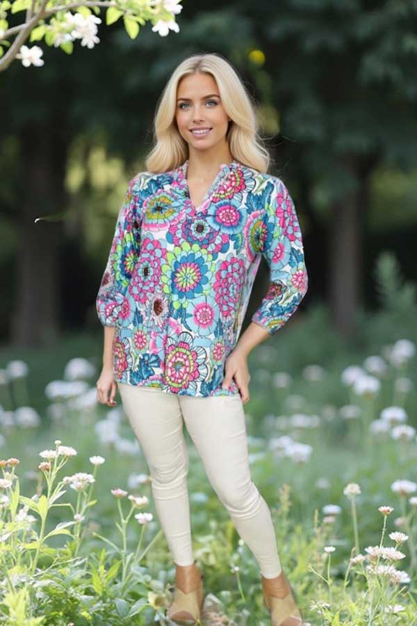 Western women's clothing wholesale floral prints 3/4 sleeve top BQ15954 FS4