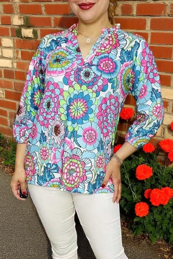 Western women's clothing wholesale floral prints 3/4 sleeve top BQ15954 FS4