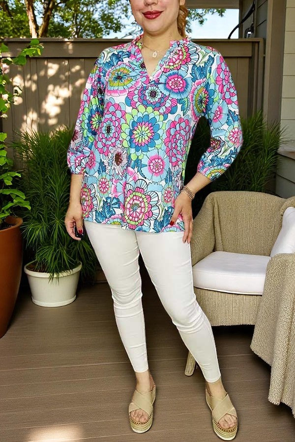 Western women's clothing wholesale floral prints 3/4 sleeve top BQ15954 FS4